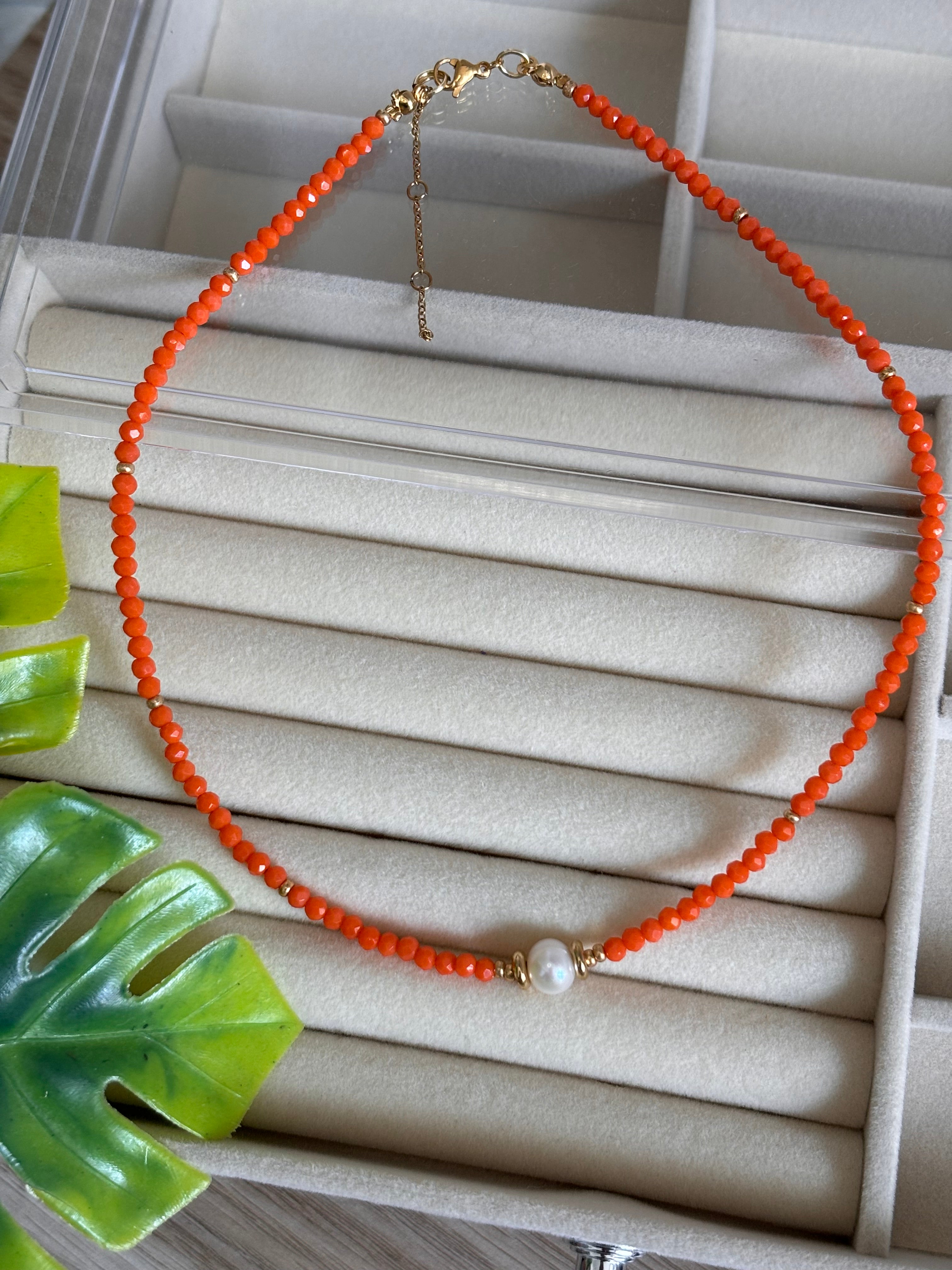 Collar cristales naranja perla